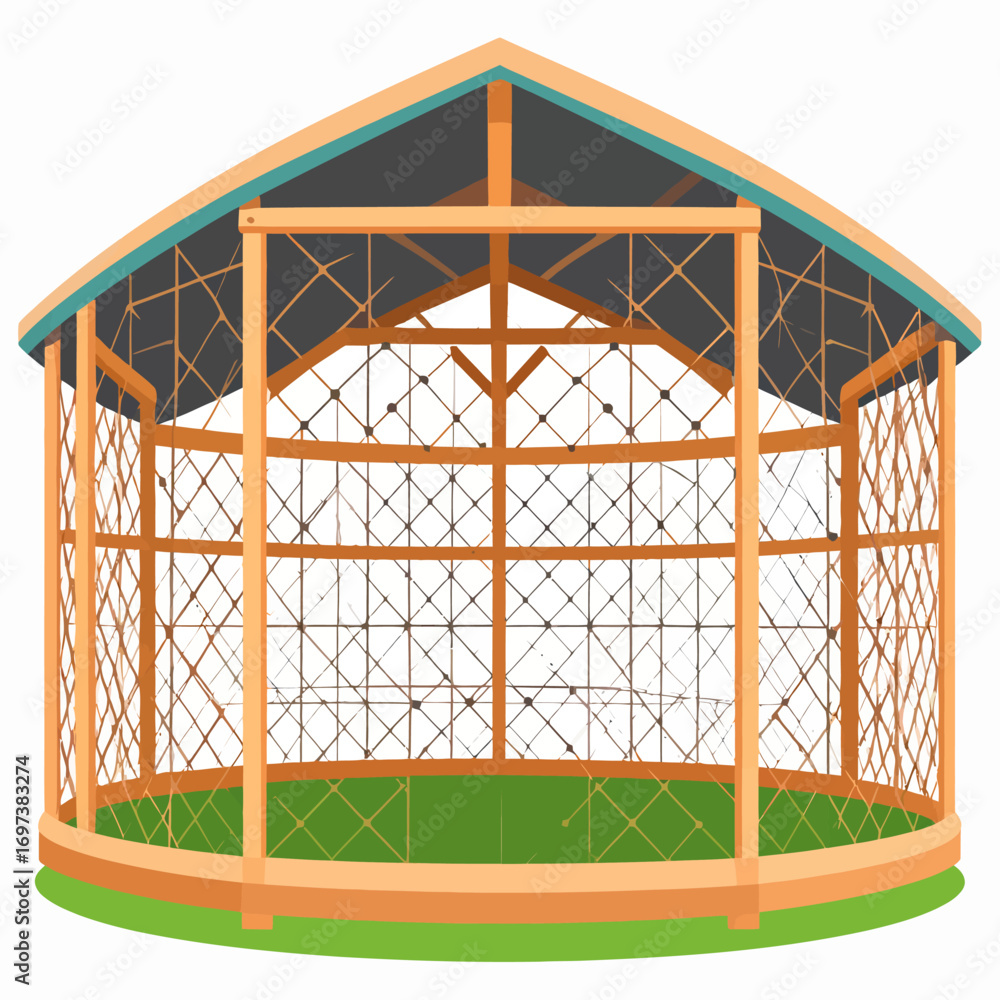 Fototapeta premium An empty wooden aviary or garden gazebo with a circular base and net walls, presented as a flat vector illustration for park or backyard design
