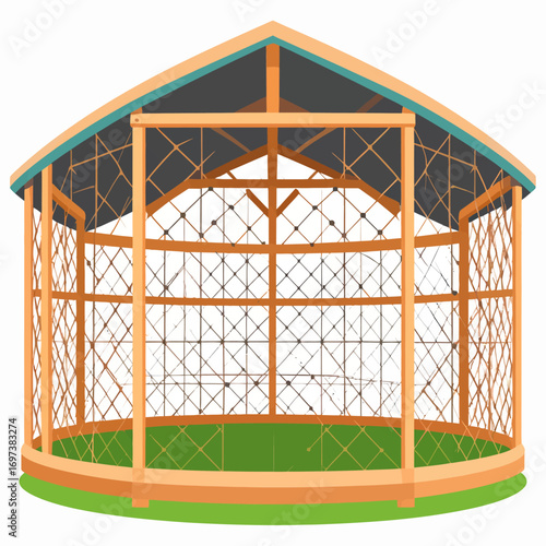 An empty wooden aviary or garden gazebo with a circular base and net walls, presented as a flat vector illustration for park or backyard design