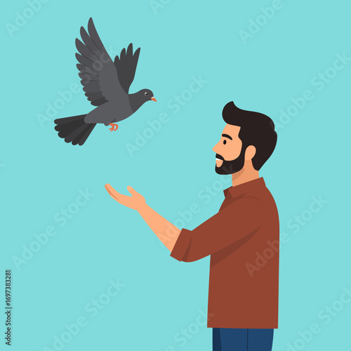 Bearded man releasing a pigeon from his hands. A simple flat vector illustration representing freedom, letting go, and hope