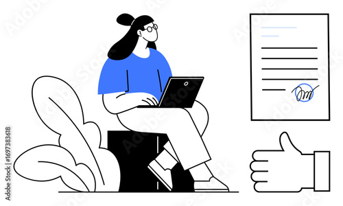 Woman seated with a laptop, beside a document featuring a signature and a thumbs-up gesture. Ideal for approval, agreement, legal, productivity, remote work, e-signature, and simple landing page