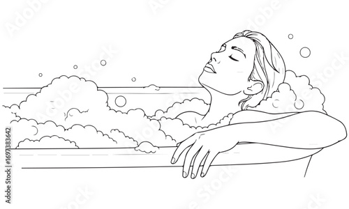 Line Art Illustration of Woman Relaxing in Bubble Bath