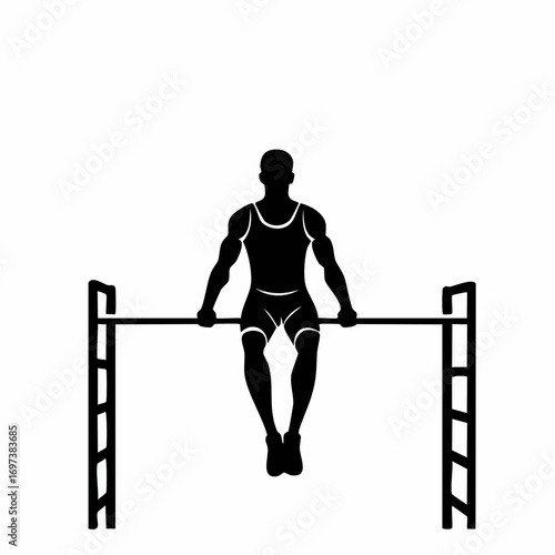 Strong male athlete silhouette sitting on a horizontal pull-up bar, ready for calisthenics, bodyweight exercise, and strength training workout. Fitness icon.