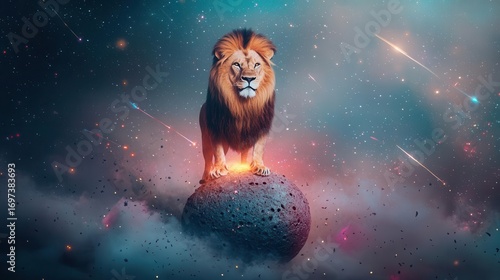 Imaginative cosmic scene featu a majestic lion standing confidently on a small planet with a vibrant galaxy and colorful nebula background, surreal space art