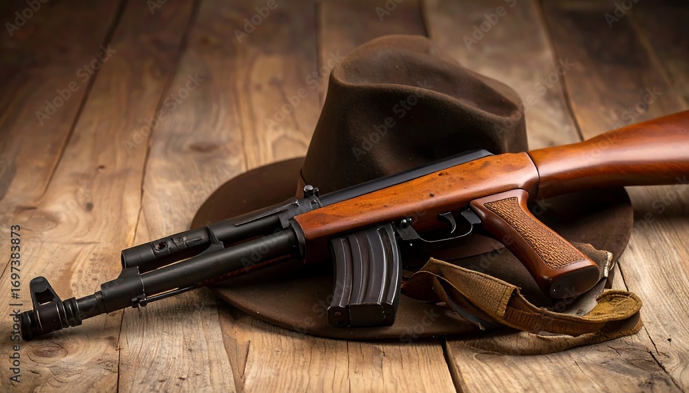 Naklejka premium Rifle and Hat on Wood