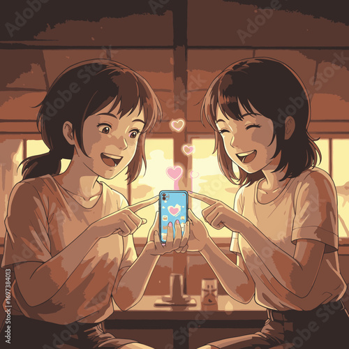 Two happy young women share a moment of joy and connection while looking at a smartphone together, surrounded by warm light.