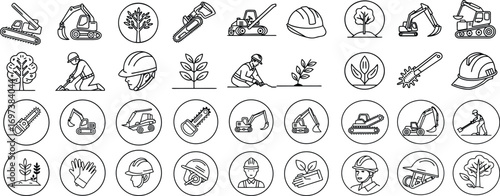 Construction and Landscaping Vector Icons Collection Line Art Design Representing Heavy Machinery Safety Gear and Environmental Care for Your Projects