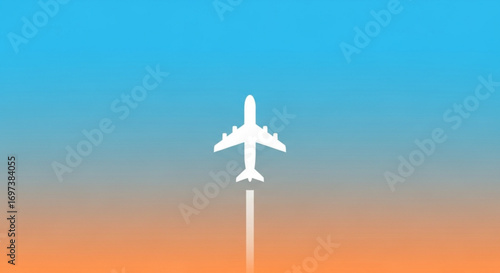 An airplane flying in the sky the airplane is a simple white silhouette