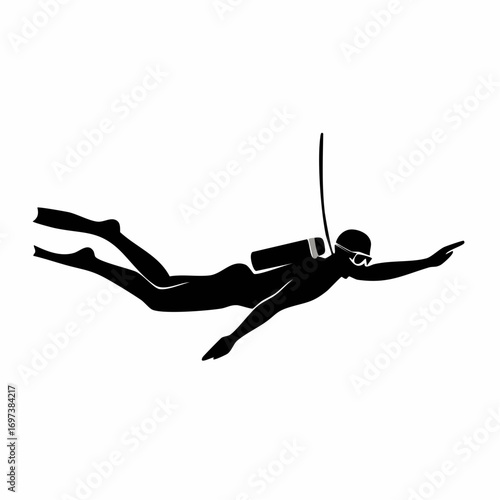 Scuba Diver Silhouette Icon Vector. Underwater Swimming Sport Activity. Person with Mask, Snorkel, Fins, and Tank.
