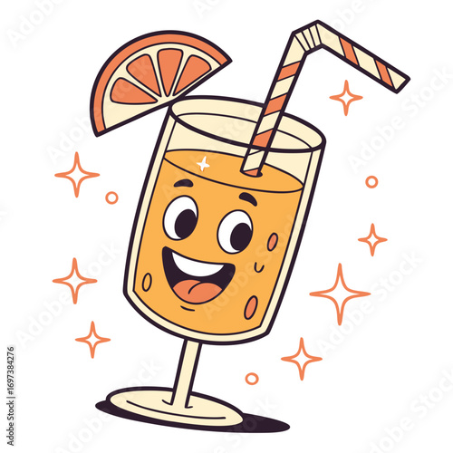Vector art of a glass of orange juice with a smiling face, a refreshing cartoon illustration