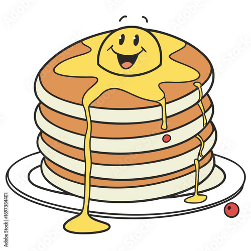 Vector art of stack of pancakes with syrup, radiating a cheerful and comforting breakfast vibe