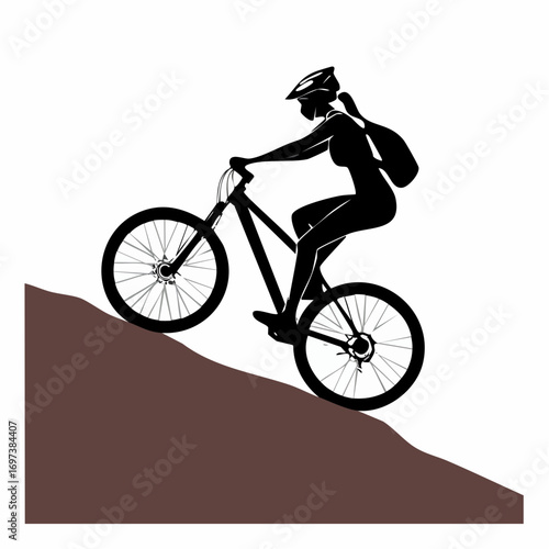 Silhouette of a woman riding a mountain bike uphill on a dirt trail, showcasing athleticism and outdoor adventure in a minimalist style.