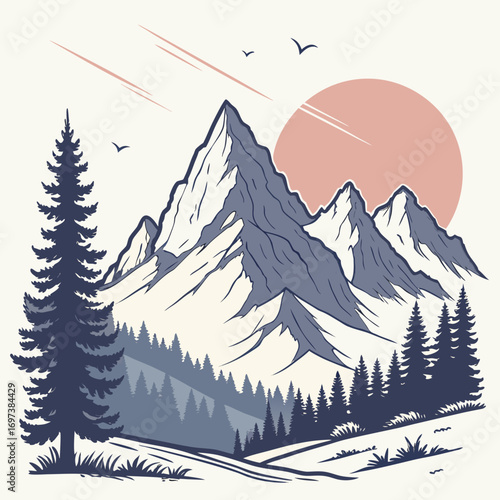 Vector art of majestic mountain range landscape with pine trees and a serene sunset