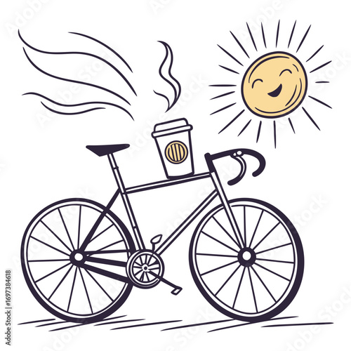 Vector art of a delightful illustration of a bicycle, a coffee cup, and a smiling sun