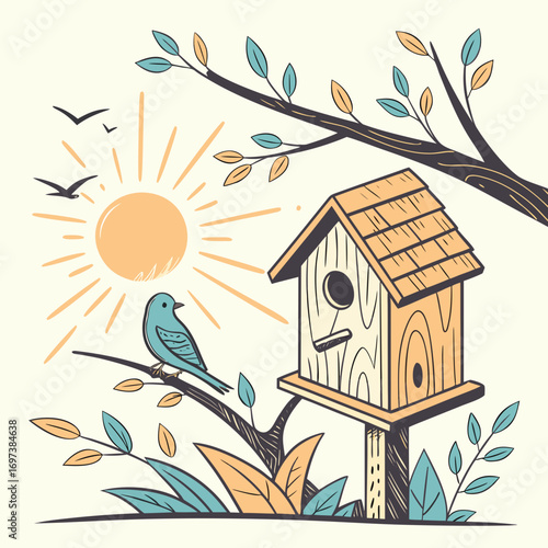 Vector art of a picturesque scene featuring a birdhouse, bird, sun, and tree, capturing the essence of natures harmony