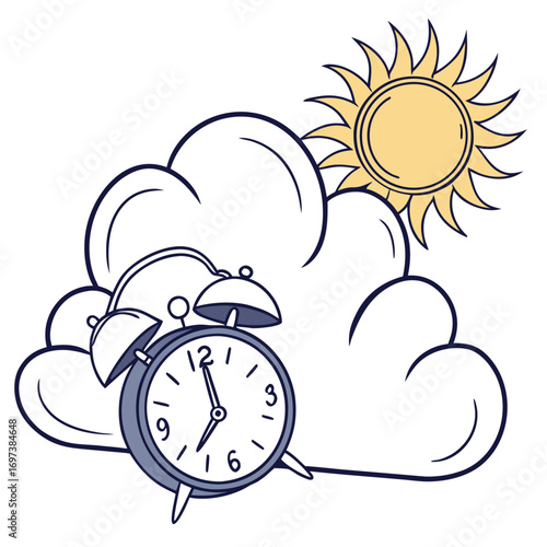Vector art of alarm clock in a cloud with sun representing a good morning and a new day