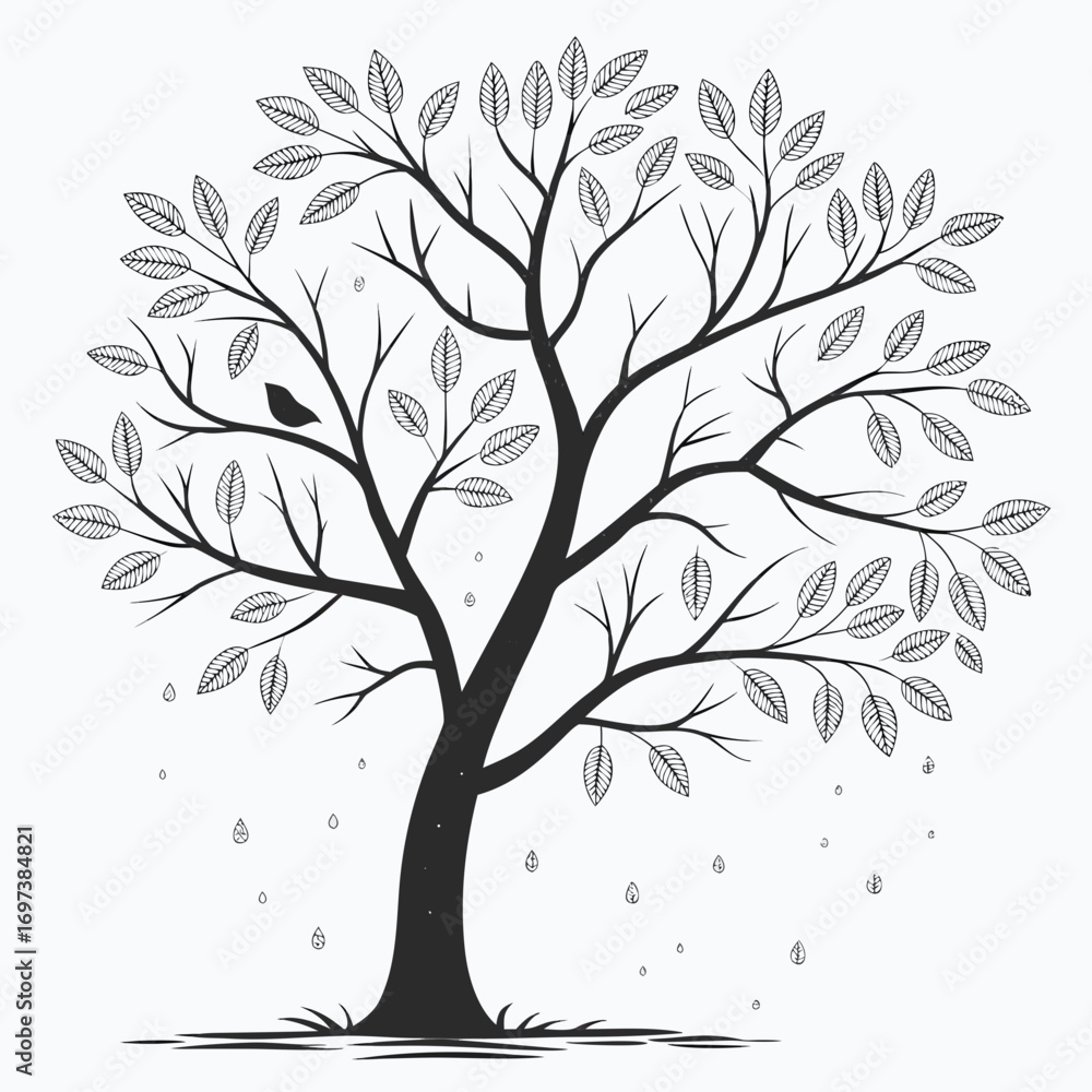 Obraz premium Vector art of stylized tree with black leaves and raindrops, a whimsical and charming illustration