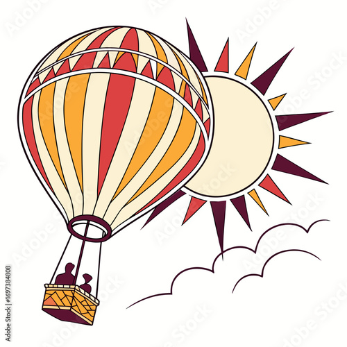 Vector art of hot air balloon flying near the sun with people in the basket