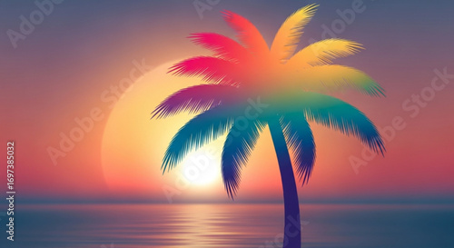 Vibrant illustration of a palm tree against a sunset backdrop, perfect for summer themes and tropical designs