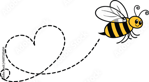 Cute cartoon bee flying with a dotted line heart trail illustration for kids and design projects