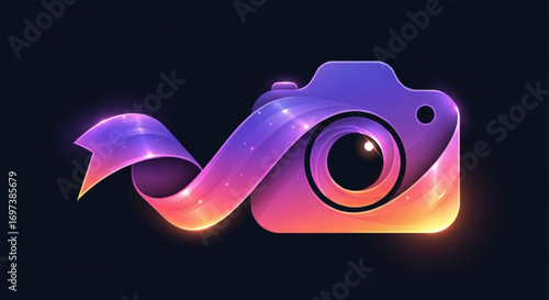 Camera logo with ribbon and gradient color, symbolizing photography, creativity, and visual storytelling in graphic design
