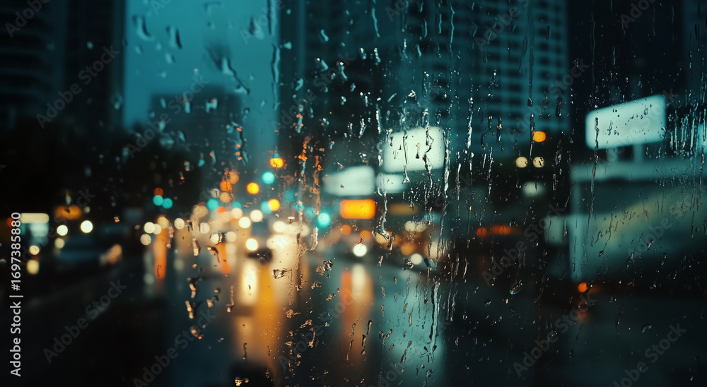 Fototapeta premium Rainy city scene with blurred lights and reflections on window creates moody atmosphere. droplets add depth and texture to image