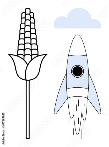 Corn stalk beside launching rocket with cloud accentuating agriculture, innovation, growth, sustainability, technology, food industry, and environmental progress. Ideal for simple flat metaphor