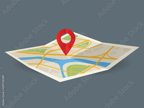 Folded location map with marker, navigation and directions, travel, jouney, guide