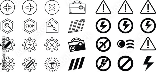 Diverse set of black and white vector line icons representing various symbols and warning signs for industrial applications and safety protocols