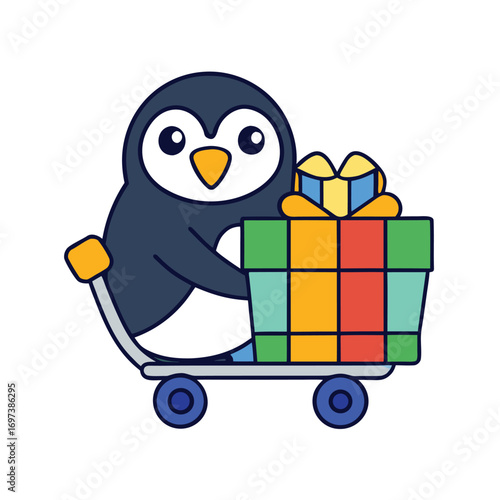 Adorable cartoon penguin enthusiastically pushing a shopping cart overflowing with colorful gifts and presents