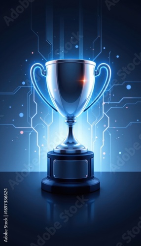 Futuristic glowing trophy cup with digital circuit background representing achievement success innovation and technology victory award