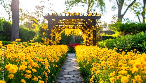 Park walkway with yellow flowers and wooden arch