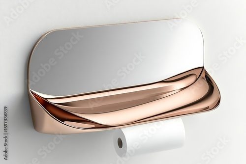 Rose gold wall-mounted shelf with integrated mirror and paper towel holder