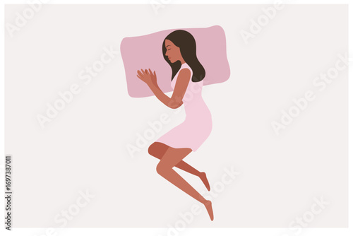 Sleep well concept, healthy woman sleep on bed vector illustration