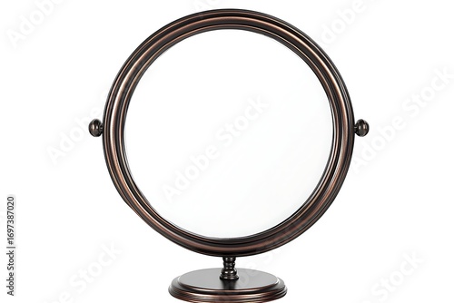 Double-ringed, bronze vanity mirror with a round base and spherical knobs