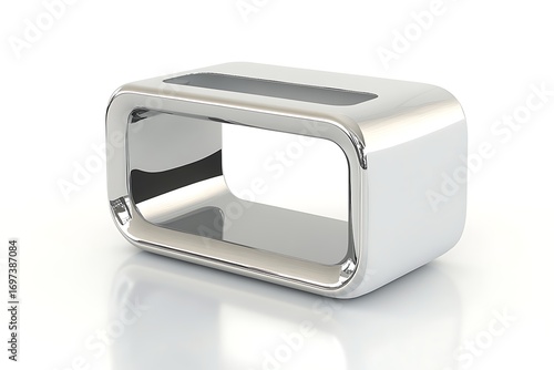 Sleek, chrome, rectangular table with a hollow center and polished finish