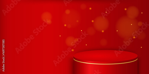 Merry Christmas background with red podium, glowing lights and soft bokeh. Vector illustration for packaging, banners and New Year designs