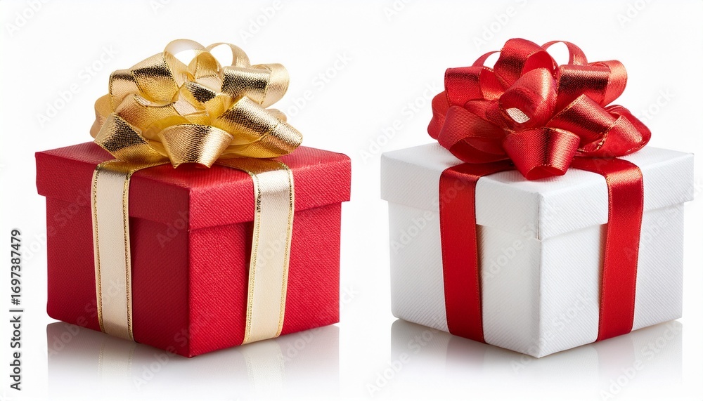 Fototapeta premium Red and white gift boxes with gold ribbons