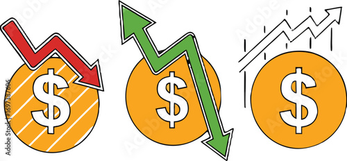 Economic Trends and Financial Fluctuations Represented by Rising and Falling Arrow on Dollar Coins Depicting Market Conditions