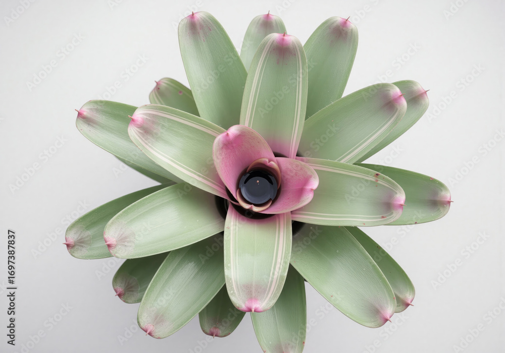 Obraz premium Colorful Green and Pink Tropical Bromeliad Plant, Top-Down View