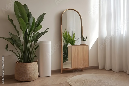 Minimalist room corner featuring a full-length arched mirror, potted plants, and a waste bin
