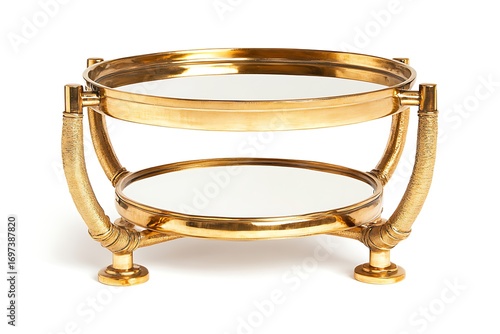 Two-tiered brass serving stand with mirrored surfaces and decorative legs