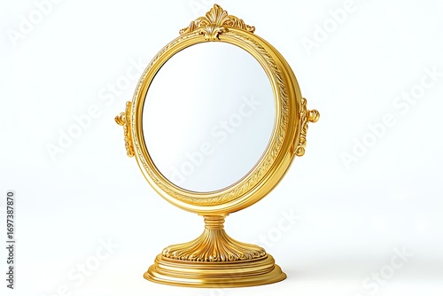Ornate gold circular tabletop mirror with detailed carvings and pedestal base