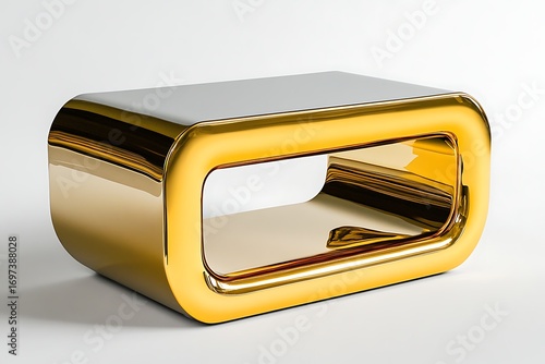 Gold and white modern coffee table with a unique, sleek design and a cutout in the center
