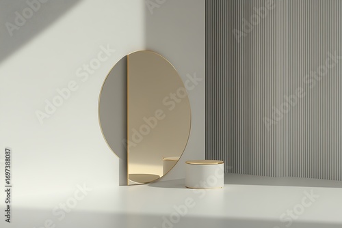 Minimalist golden mirror against white wall with shadows. Cylinder pedestal in front. Modern design