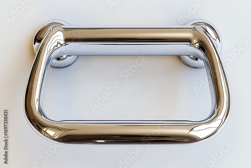 Shiny chrome toilet paper holder attached to a white surface