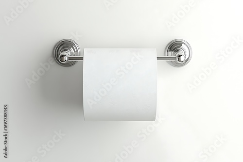 A single roll of white toilet paper on a brushed silver wall-mounted holder against a white background
