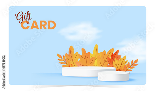 Clean autumn gift card template with white podium and seasonal foliage. Modern fall design for customer rewards or business branding. Vector illustration