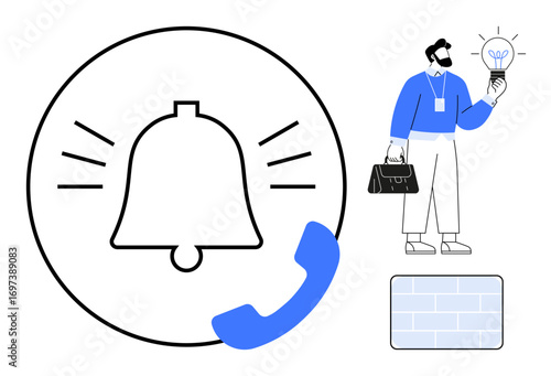 Ringing alert bell in focus with phone receiver, person holding a glowing light bulb representing a new idea, a briefcase, and a minimal brick wall background. Ideal for innovation, communication