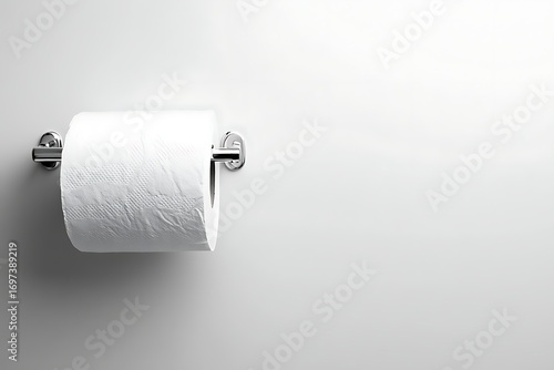 White toilet paper roll on a chrome holder against a gray wall