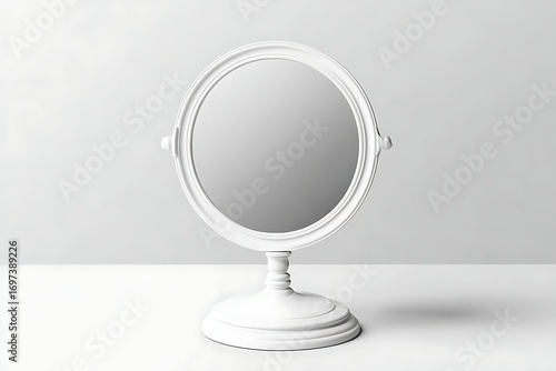 White oval vanity mirror, classic design, bright background. Simple, elegant, reflective surface